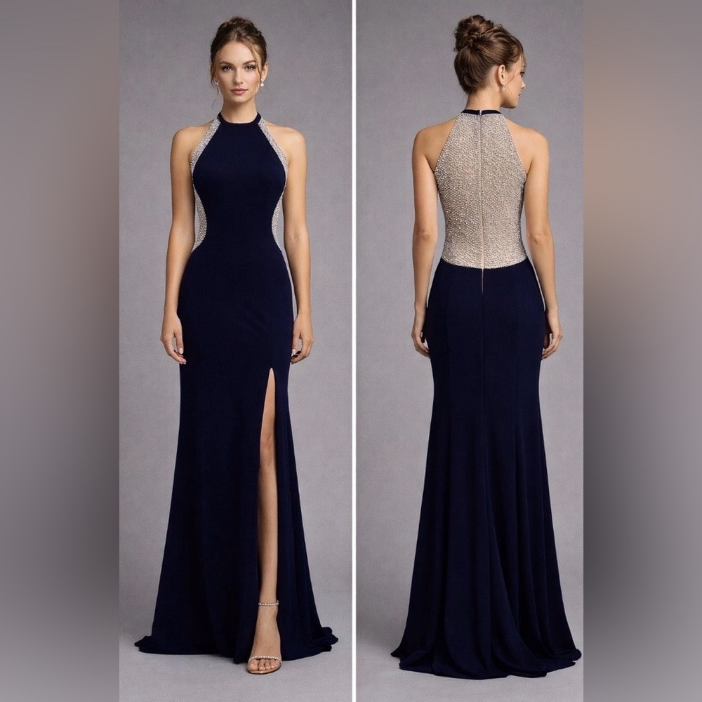 Xscape Navy Halter Evening Gown with Beaded Champagne Back